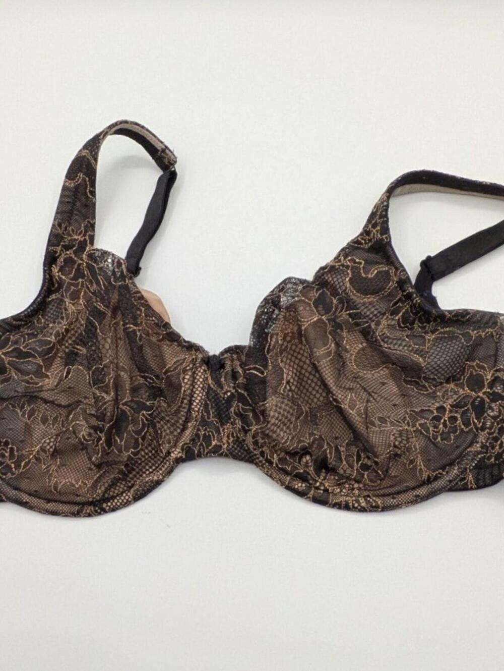 Cacique 40DD Black Allover Floral Lace Nude Lining Underwire Balconette Bra